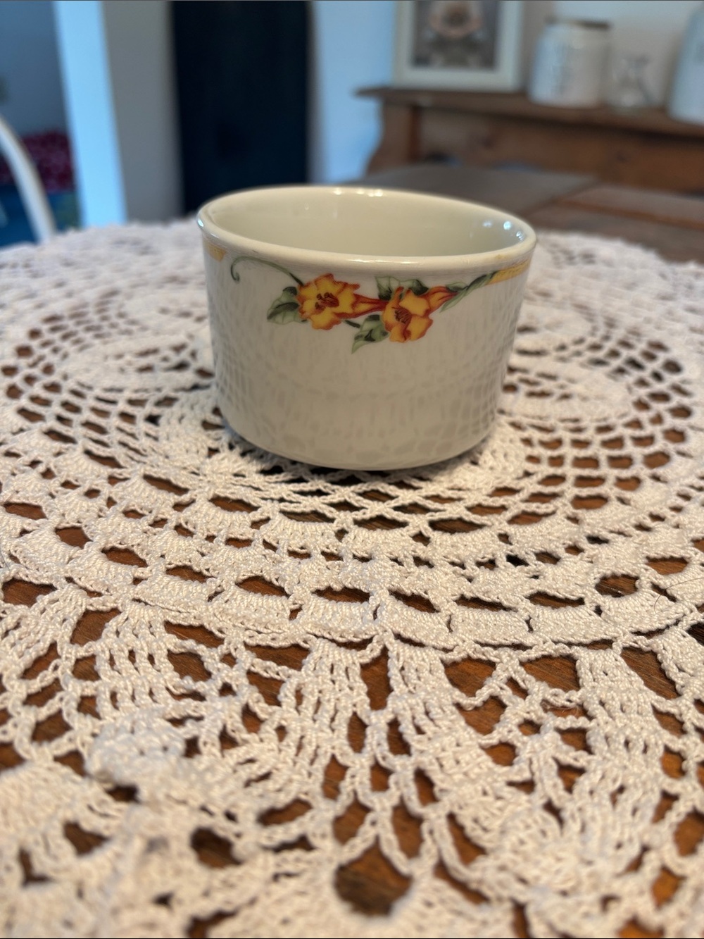 Vintage Rego White Ceramic Ramekin with Yellow Floral Trim